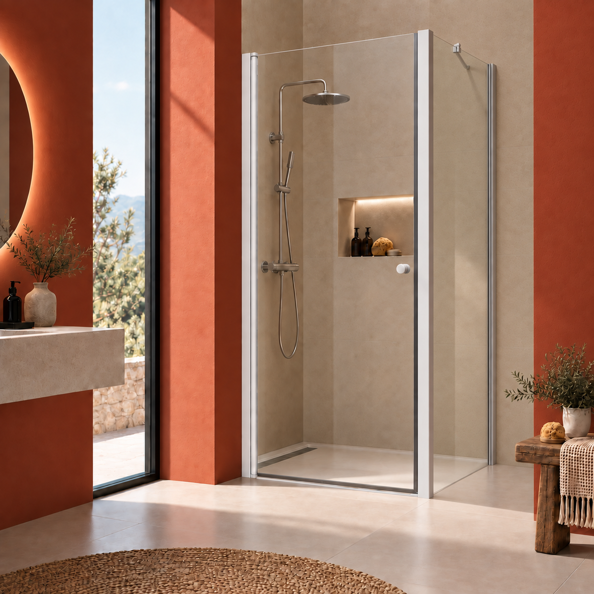 Porte de douche pivotante avec paroi latérale en verre transparent et profilés finition blanche