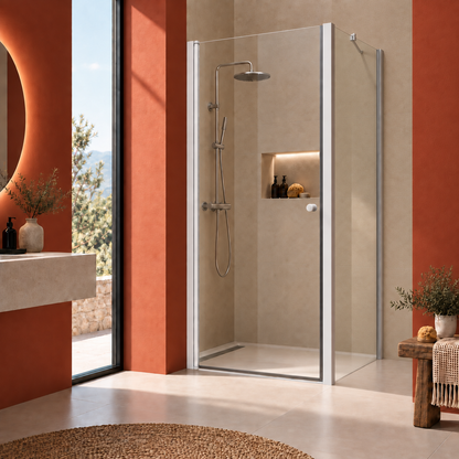 Porte de douche pivotante avec paroi latérale en verre transparent et profilés finition blanche