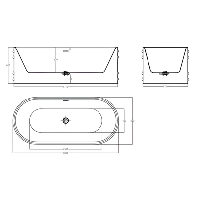Schéma technique de la baignoire îlot ovale 180 x 80 cm noir mat