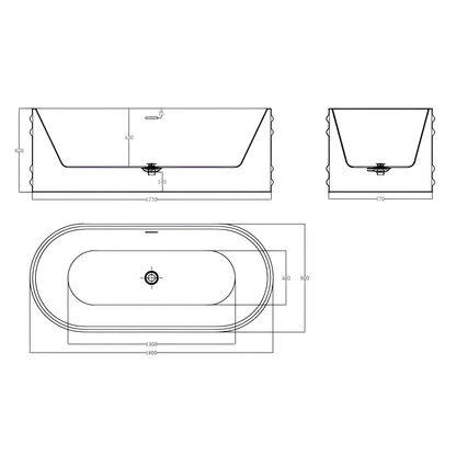 Schéma technique de la baignoire îlot ovale 180 x 80 cm noir mat