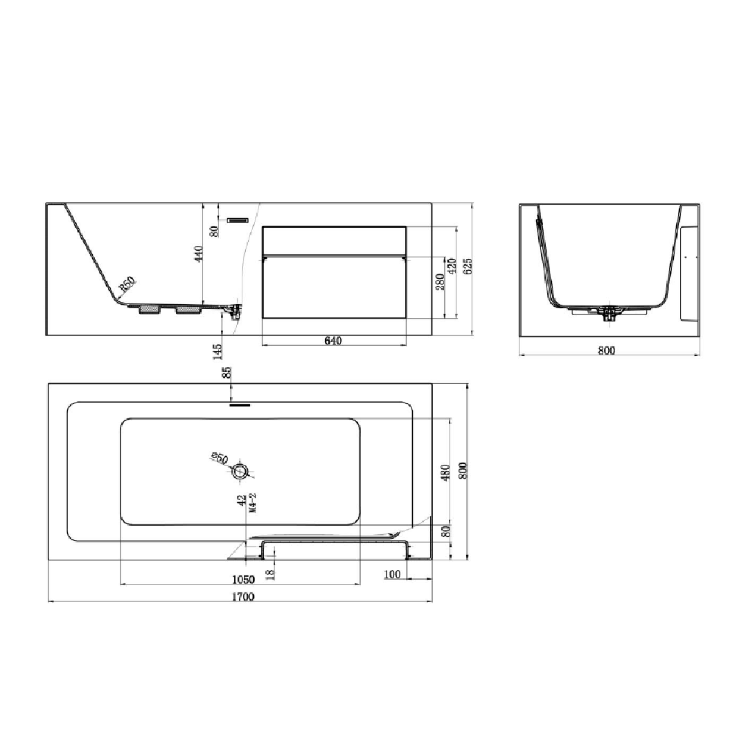 Schéma technique de la baignoire îlot rectangulaire 170 x 80 cm avec rangement intégré