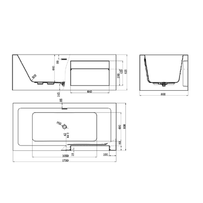 Schéma technique de la baignoire îlot rectangulaire 170 x 80 cm avec rangement intégré