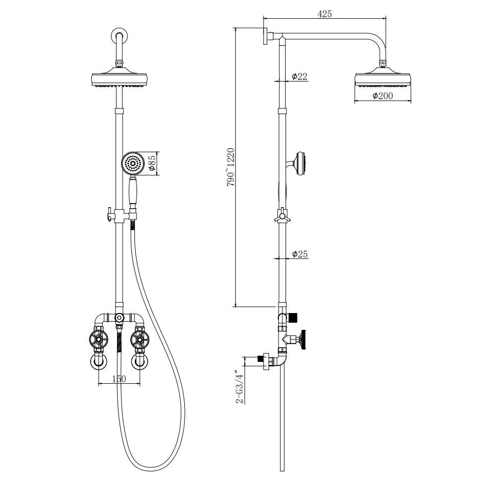 Schéma technique de la colonne de douche noire mate style industriel avec dimensions