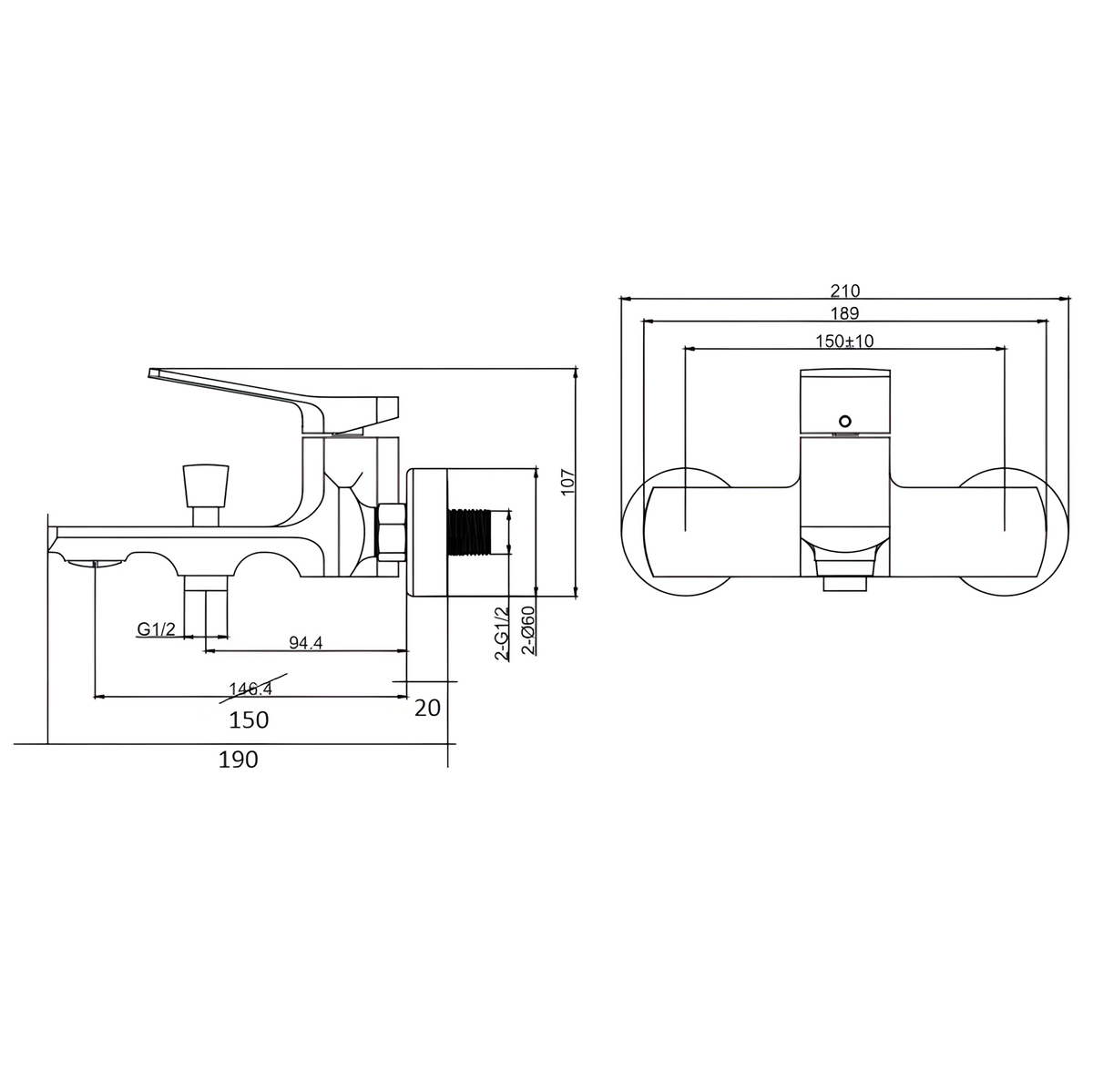 Schéma technique du mitigeur bain-douche mural chromé avec dimensions