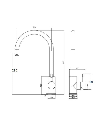 Schéma technique du mitigeur évier en inox brossé avec bec col de cygne et dimensions