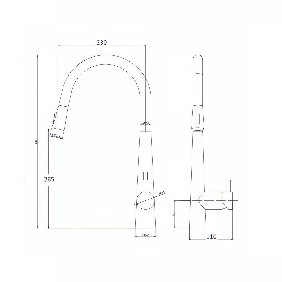 Schéma technique du mitigeur évier en inox brossé avec douchette extractible et dimensions