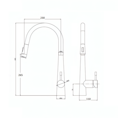 Schéma technique du mitigeur évier en inox brossé avec douchette extractible et dimensions
