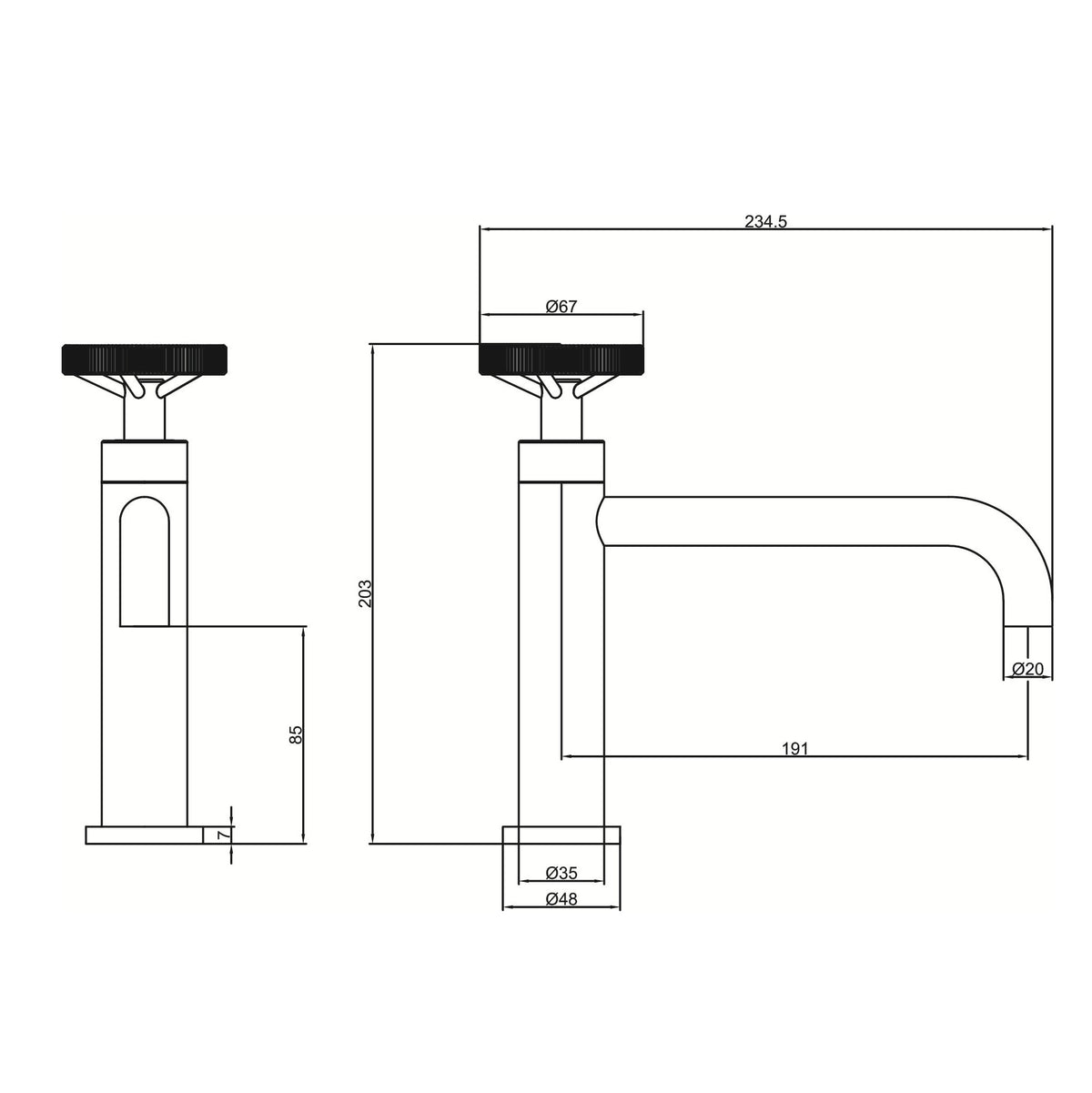 Schéma technique du mitigeur lavabo industriel noir mat avec dimensions