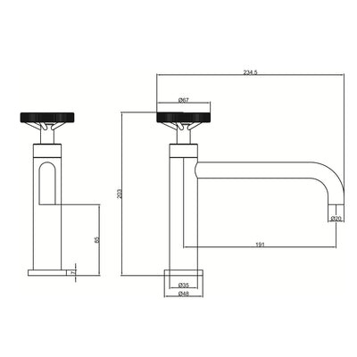 Schéma technique du mitigeur lavabo industriel noir mat avec dimensions